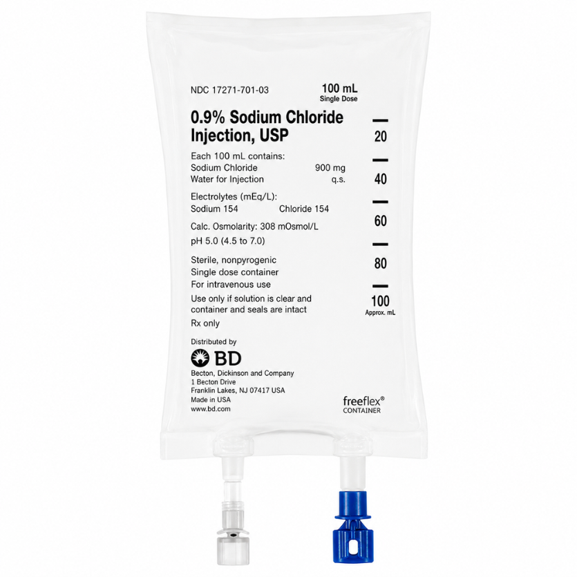 IV Bags Sodium Chloride 0.9% NACL 100ml, Case of 50 Bags (BD-1727170103) (RX)
