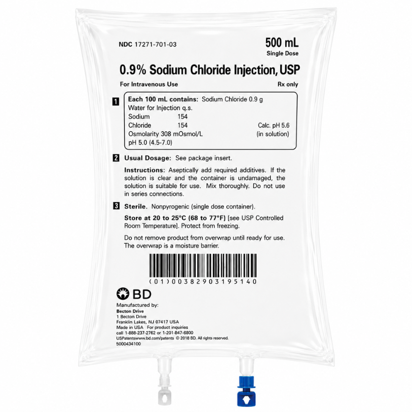 IV Bags Sodium Chloride 0.9% NACL 500ml BD-1727170106
