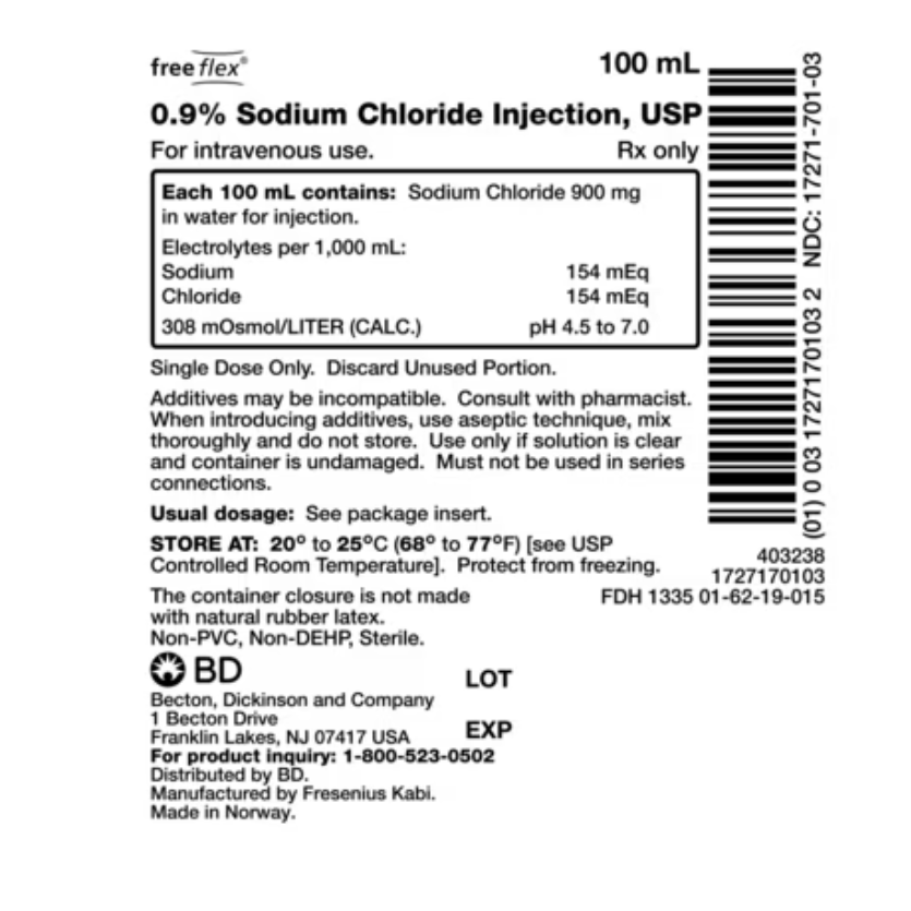 IV Bags Sodium Chloride 0.9% NACL 100ml, Case of 50 Bags (BD-1727170103) (RX)