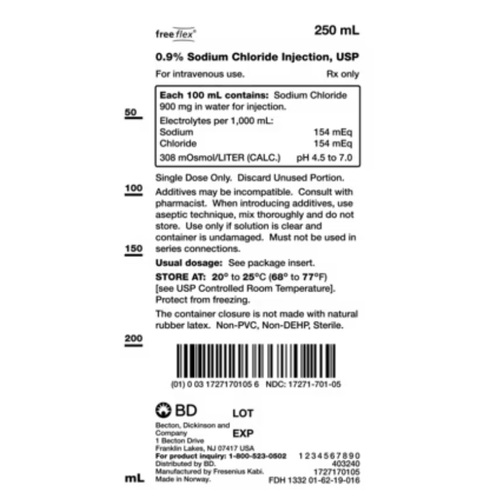 IV Bags Sodium Chloride 0.9% NACL 250ml BD-1727170105 Product Label