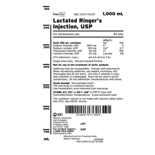 IV Bags Lactated Ringers 1000ml BD-1727171007Product Label