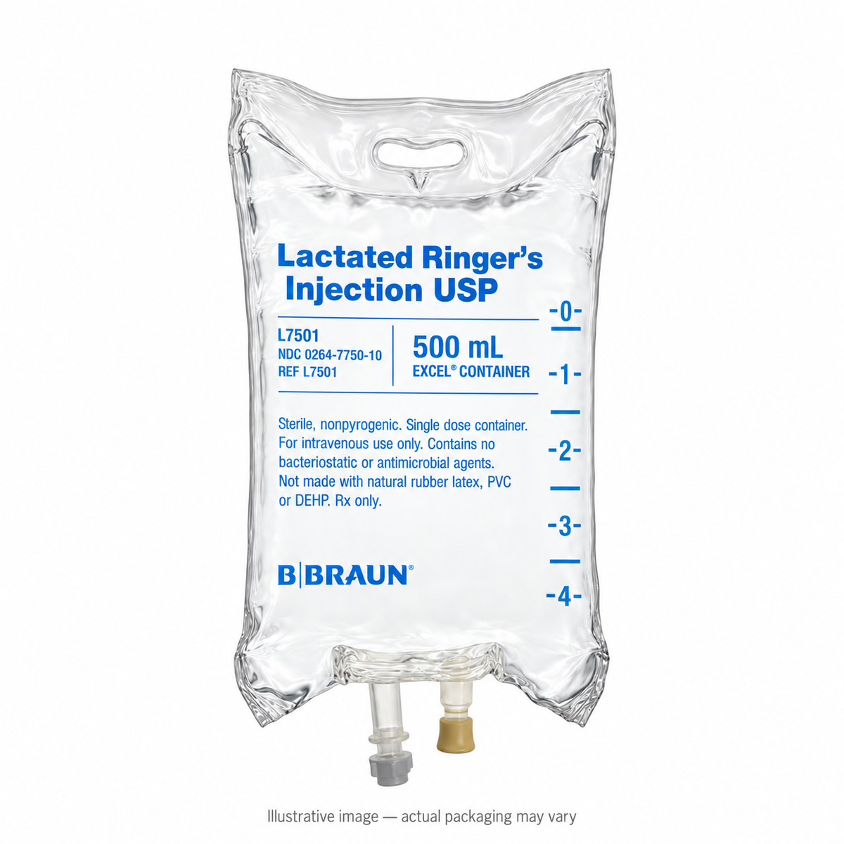 Illustration of B. Braun L7501 Lactated Ringer’s Injection USP IV bag, 500 mL