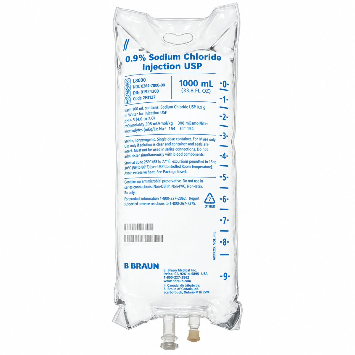B. Braun L8000 normal saline IV bag, 0.9% sodium chloride injection USP, 1000 mL