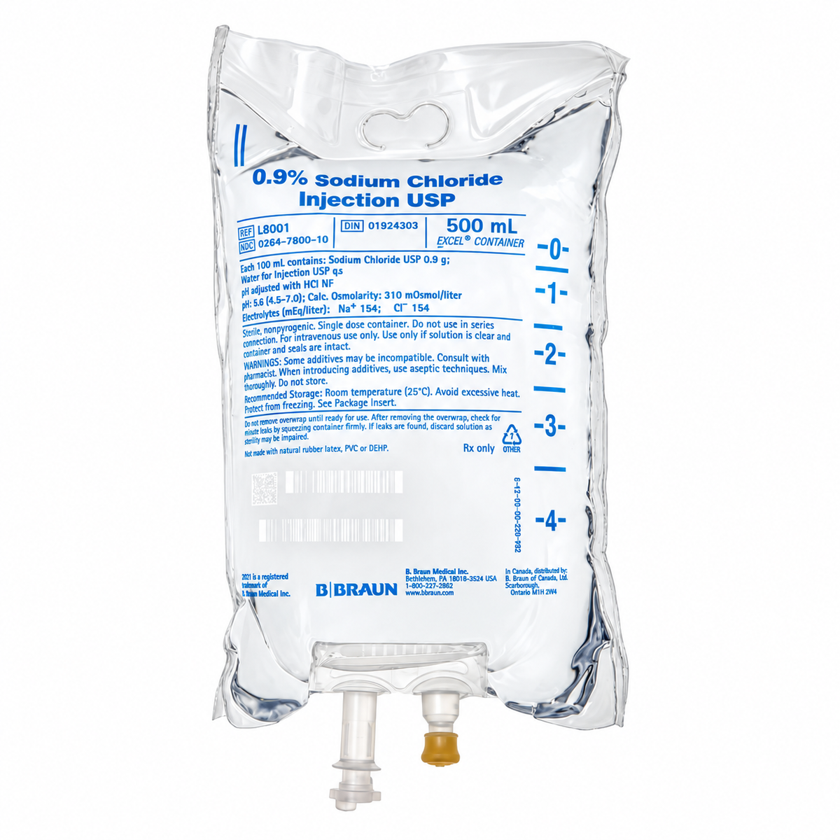 B. Braun L8001 normal saline IV bag, 0.9% sodium chloride injection USP, 500 mL