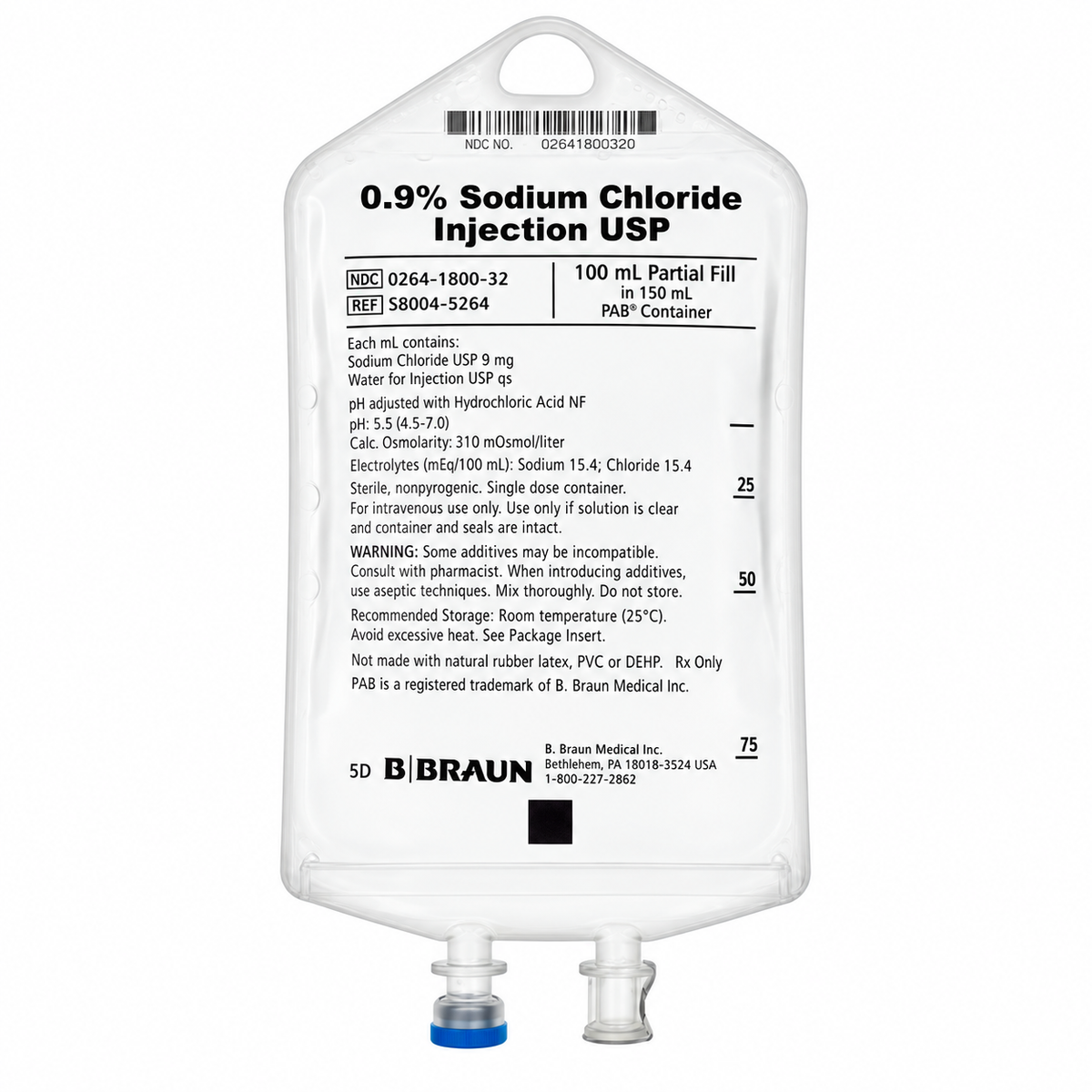 B. Braun S8004-5264 normal saline IV bag, 0.9% sodium chloride, 100 mL fill in a 150 mL PAB container