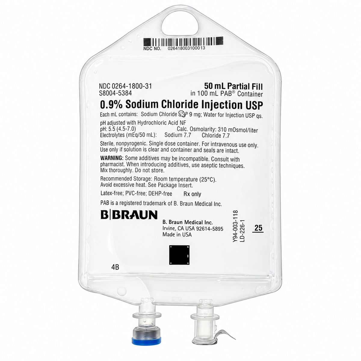 B. Braun S8004-5384 normal saline IV bag, 0.9% sodium chloride, 50 mL fill in a 100 mL PAB container