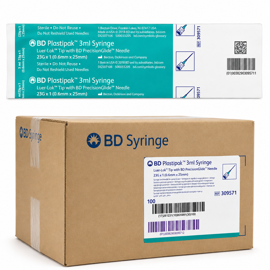 BD 3 mL syringe with attached 23 gauge 1 inch needle