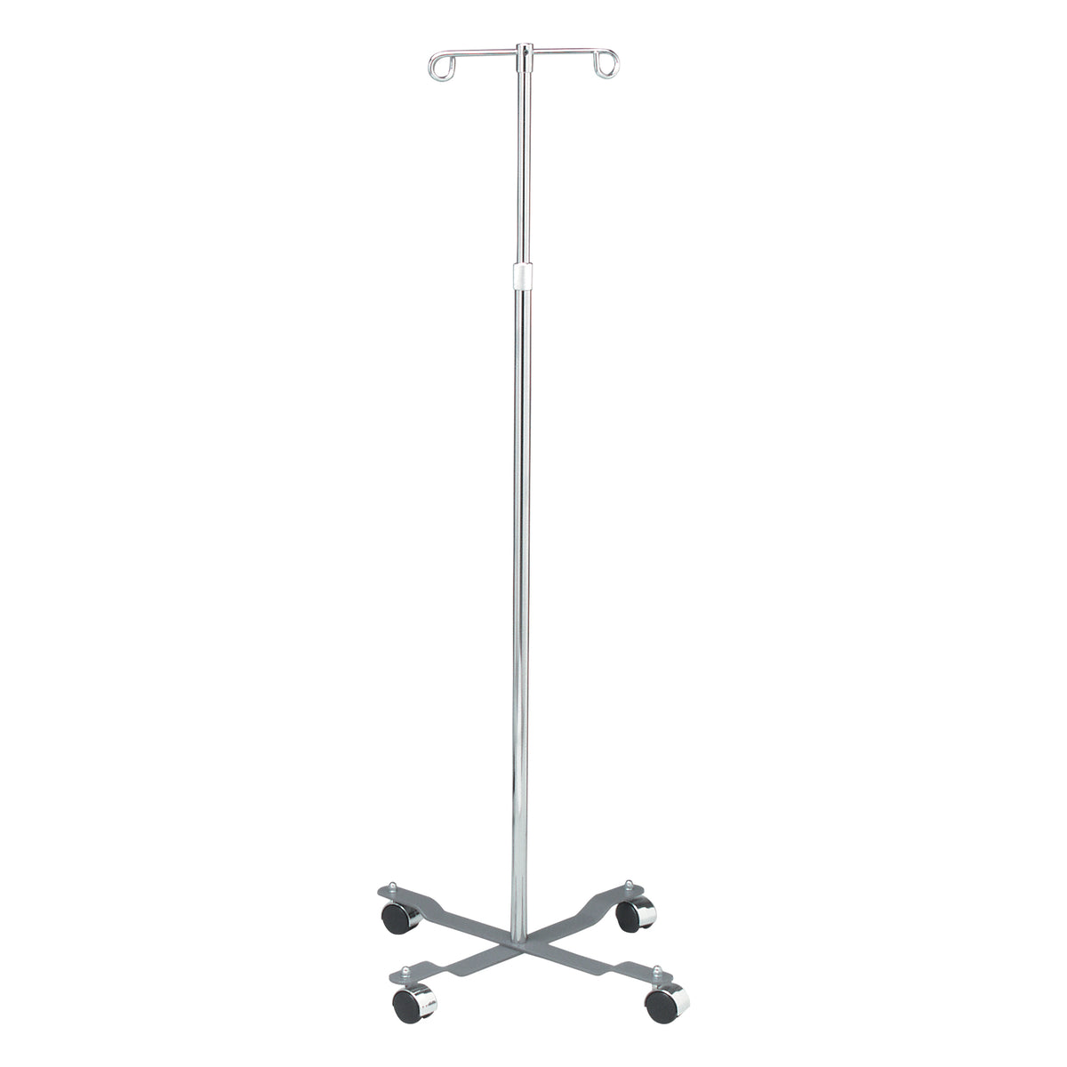 Dukal 4353 chrome-plated steel IV pole with two hooks and a four-caster base.