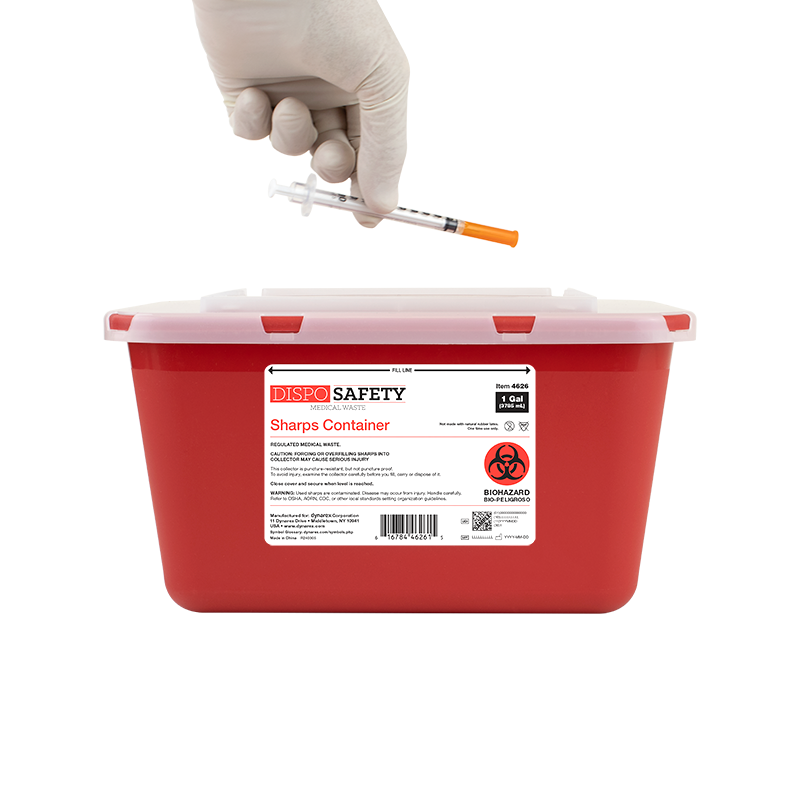 Red Dynarex 4626 one gallon sharps container with transparent lid