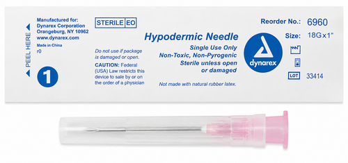 Dynarex 6960 sterile 18 gauge x 1 inch hypodermic needle