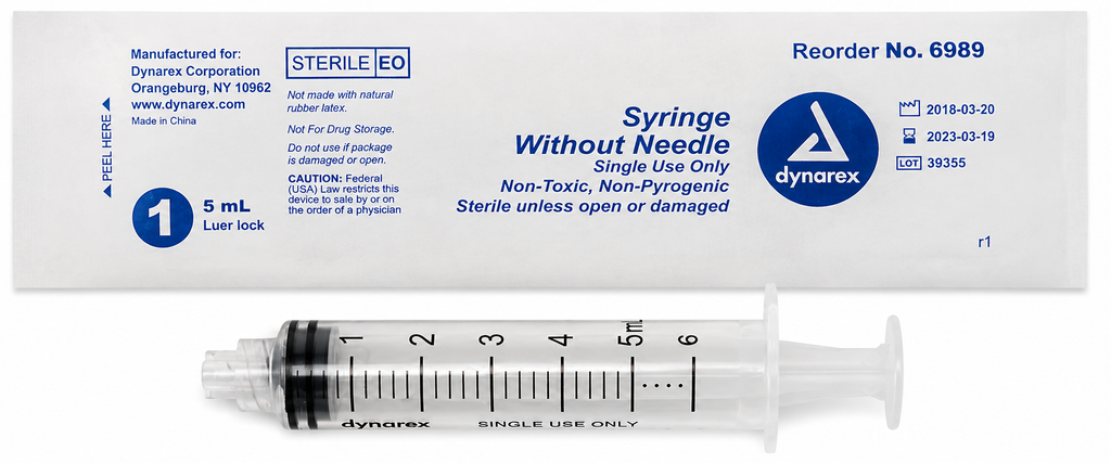 Dynarex 6989 sterile 5cc Luer Lock syringe without needle