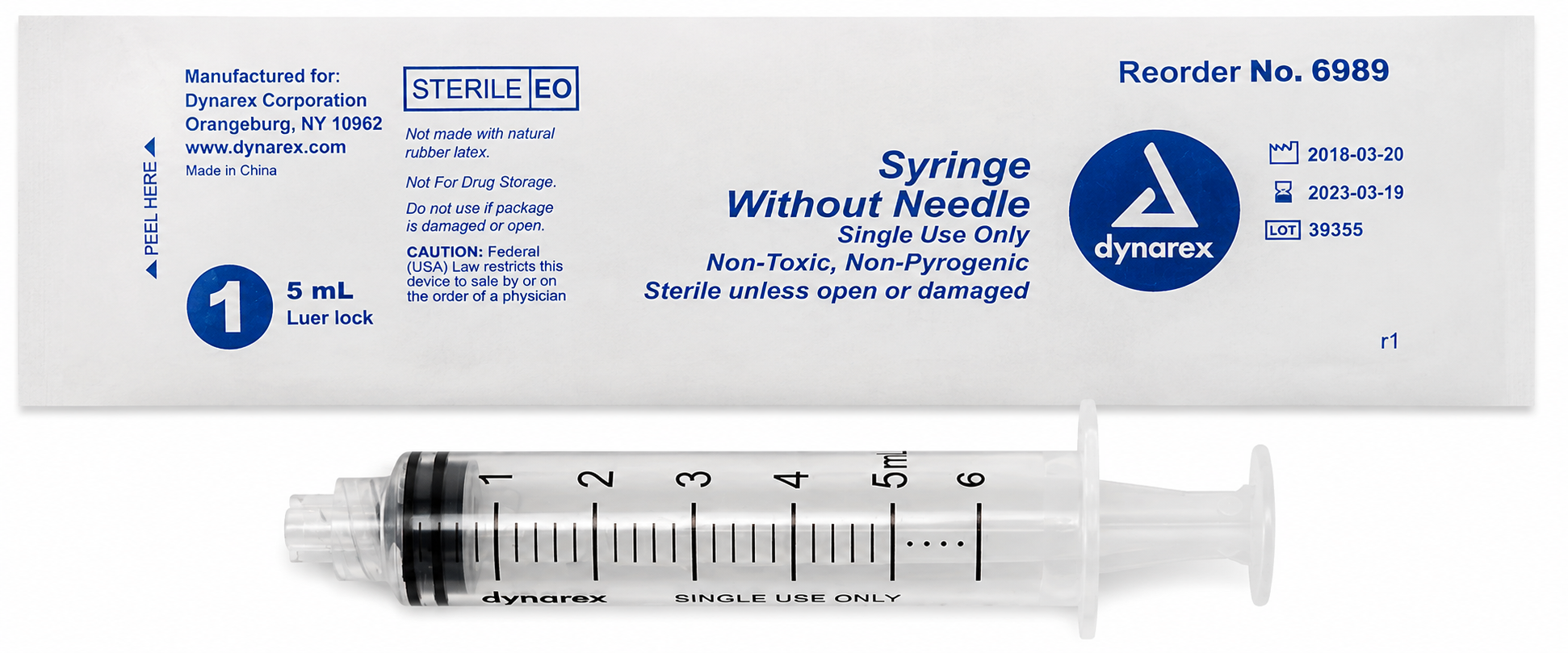Dynarex 6989 sterile 5cc Luer Lock syringe without needle