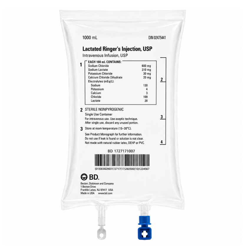 Lactated Ringers IV Bags 1000mL BD 1727171007 Bag Front