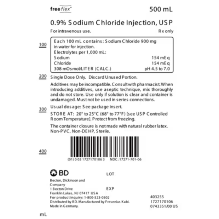 IV Bags Sodium Chloride 0.9% NACL 500ml BD-1727170106 Product Label