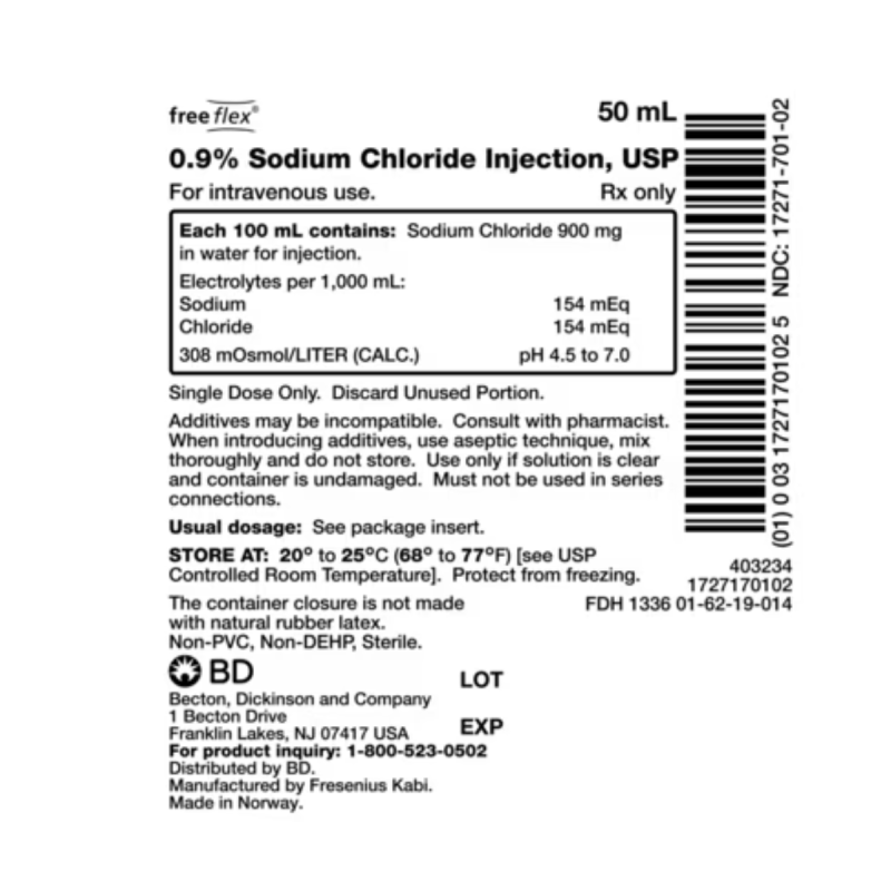 IV Bags Sodium Chloride 0.9% NACL 50ml BD-1727170102 Product Label