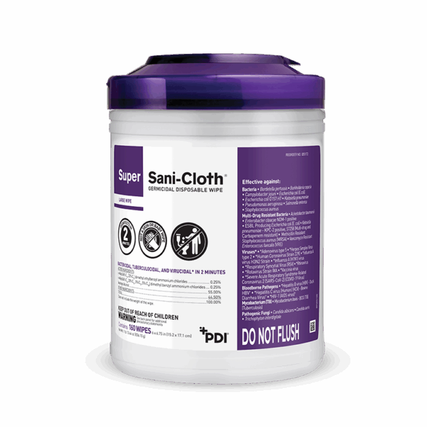 PDI Super Sani-Cloth Germicidal Disposable Wipes Q55172 canister with 160 disinfectant wipes for healthcare surface cleaning