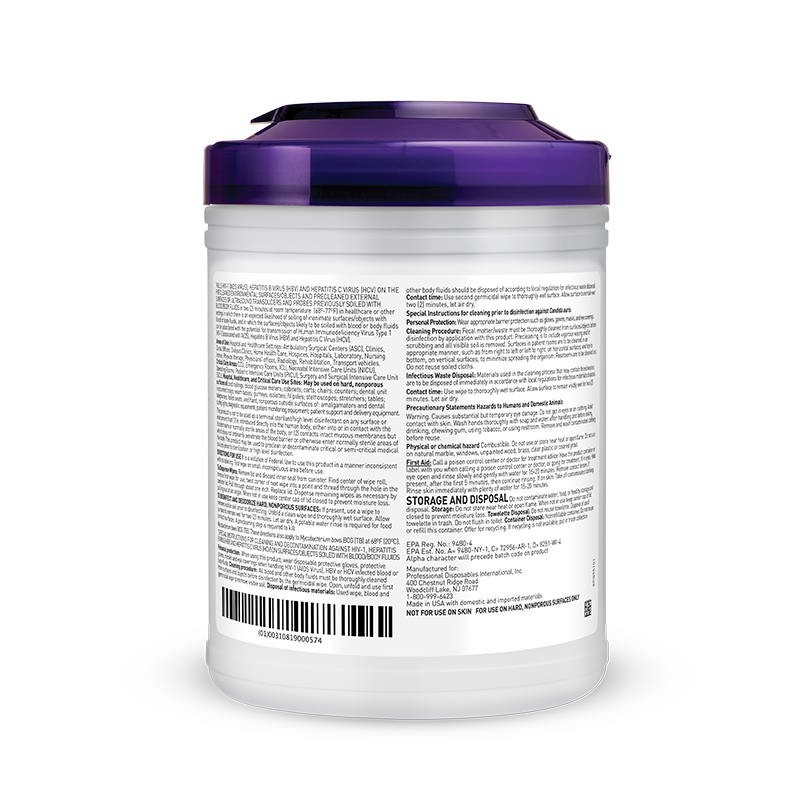 Back Label of PDI Super Sani-Cloth Q55172 germicidal disinfectant wipes containing 160 wipes per canister for hospitals and medical offices